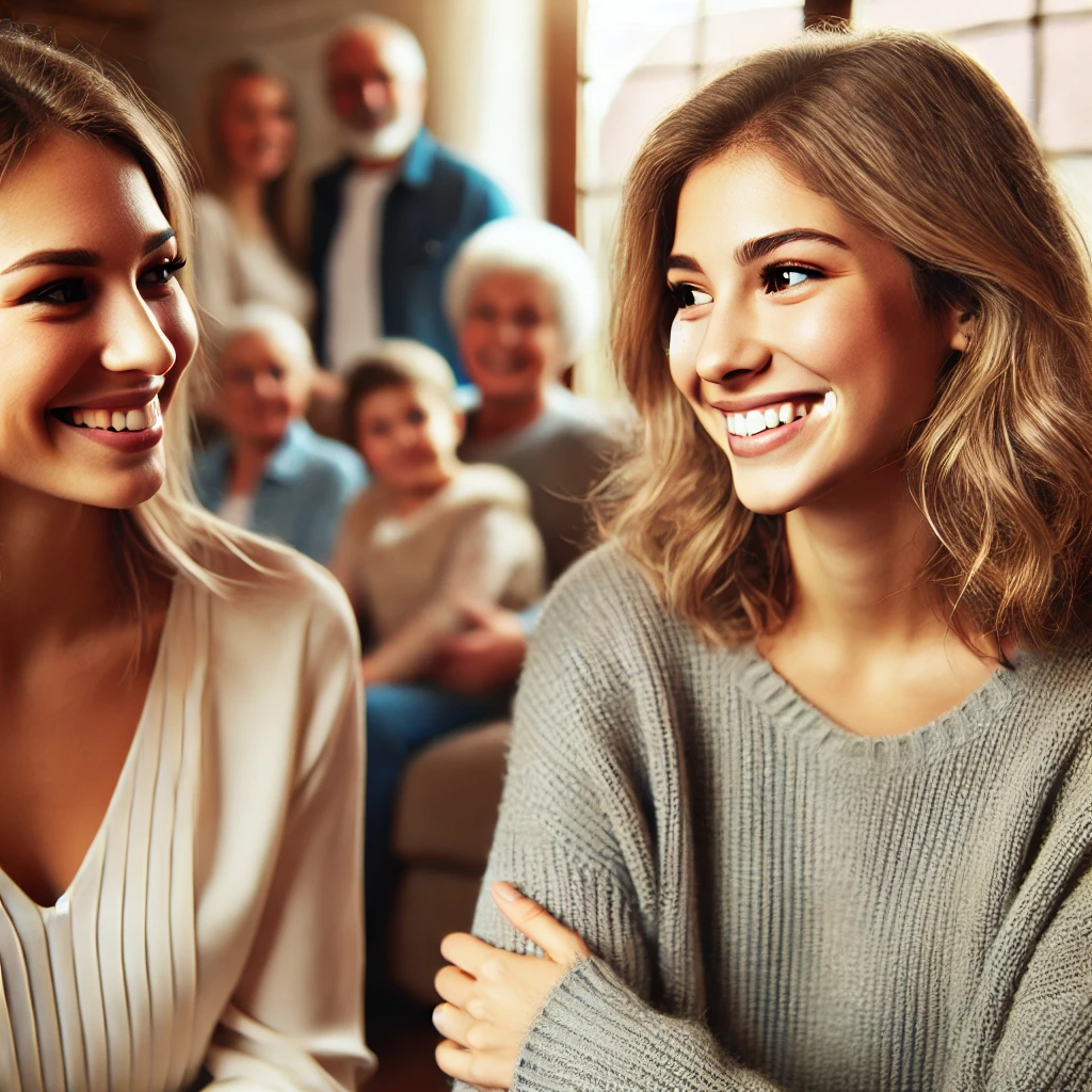 Two women representing sisters-in-law smiling and chatting at a family gathering.