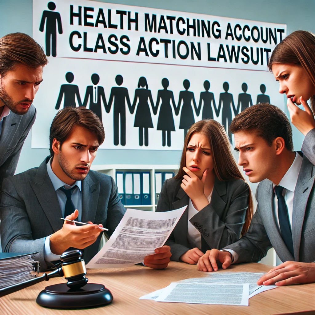 A group of concerned individuals reviewing legal documents with a lawyer in an office setting. A banner in the background reads 'Health Matching Account Class Action Lawsuit,' highlighting the urgency of the case.